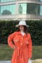 Women's Orange Long Sleeve, Double Pocket, Oval Cut the Skirt, Belt, Tweed Fabric Trench Coat - 4