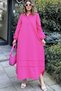 Women's Fuchsia Judge Collar, Elastic Balloon Sleeves, Skirt and Sleeve Fold Fabric Stitching, Long Loose Dress - 5