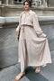 Women's Beige Textured Fabric, Belted Waist, Bubble Sleeve, A-Line, Vintage Maxi Dress - Suitable for Hijab - 3