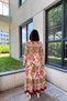 Women's Burgundy Print Shirt Collar, Long Sleeve, Skirt Pleated, Waist Belted, Loose Cut, Long Dress - 2