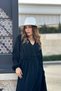 Women's Black Double Breasted Collar, Slit, Belted Waist, Elastic Arm Ankles, Loose, Long Dress - 3