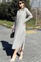 Women's Khaki Striped, Polo Neck, Slit, Double Pocket, Loose Linen Dress - 7