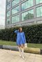 Women's Blue Shirt Collar, Long Sleeve, Asymmetric Cut, Loose, Midi Tunic Dress - 6