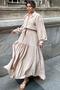 Women's Beige Textured Fabric, Belted Waist, Bubble Sleeve, A-Line, Vintage Maxi Dress - Suitable for Hijab - 6