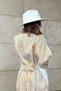 Women's Mustard & Ecru Sleeve Folded, Waist Belted, Round Neck, Loose Dress - 7