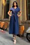 Navy Blue Double Breasted Slit Cotton Long Dress - 4