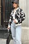 Women's Black Patterned Gabardine Fabric, Comfortable Fit, Flap Pocket, Bomber Jacket - 2