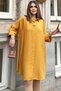 Women's Mustard Fold Half Sleeve, Oval Cut Skirt, Midi Length, Loose Linen Shirt Dress - 8