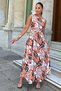 Women's Salmon Floral Patterned, Waist Belted, Stylish and Comfortable, A-Line, Sleeveless Long Dress - 3