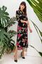 Women's Black Classic Collar Long Sleeve Floral Print Side Slit Maxi Length Long Comfortable and Casual Dress