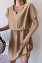 Women's Beige Short Sleeve, Heart Collar, Textured Pattern, Waist Fitting, Aerobin Elastic Waist Midi Dress - 4