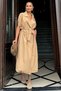 Women's Beige Double Breasted Collar, Short Sleeve, Belt Detail, Relaxed Fit, Midi Linen Dress - 4