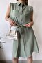 Women's Khaki Sleeveless, Shirt Collar, Solid Color Pattern, Double Pocket, A-line Cut, Aerobin Belted Midi Dress - 3