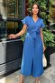 Indigo V-Neck, Short Sleeve, Airobin Fabric, Shoulder Detail, Belt/Sash, Front Slit Maxi Dress - 5