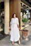 White Folded Long Sleeve, Linen/Airobin Fabric, Drawstring Waist, Straw Belt Long Shirt Dress - 5