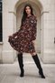 Black Yellow, Floral Print, Stand Collar, Long Sleeve Dress
