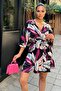 Women's Black Patterned Viscose, Bat Sleeve, Double Breasted Mini Kimono - Flared Short Dress - 4