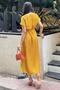 Mustard V-Neck, Short Sleeve, Airobin Fabric, Shoulder Detail, Belted/Belted, Front Slit Maxi Dress - 6