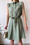 Women's Khaki Sleeveless, Shirt Collar, Solid Color Pattern, Double Pocket, A-line Cut, Aerobin Belted Midi Dress - 5