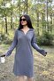 Women's Dark Gray Polo Collar, Self Patterned, Basic Fit, Long Sleeve Midi Knitwear Dress - 5