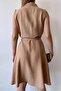 Women's Beige Sleeveless, Shirt Collar, Solid Color Pattern, Double Pocket, A-line Cut, Aerobin, Belted Midi Dress - 6