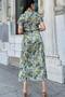 Women's Green Patterned, Half Sleeve and Half Patch Shirt Collar, Elastic Waist, Loose Long Satin Dress - 3