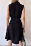 Women's Black Sleeveless, Shirt Collar, Solid Pattern, Double Pocket, A-line Cut, Aerobin, Belted Midi Dress - 3
