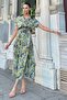 Women's Green Patterned, Half Sleeve and Half Patch Shirt Collar, Elastic Waist, Loose Long Satin Dress - 2
