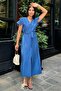Indigo V-Neck, Short Sleeve, Airobin Fabric, Shoulder Detail, Belt/Sash, Front Slit Maxi Dress - 3