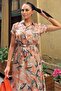 Women's Mink Patterned, Half Sleeve and Half Patch Shirt Collar, Elastic Waist, Loose Long Satin Dress - 4