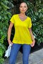 Yellow V-Neck - Women's Loose Blouse, Short Sleeve, Basic Model