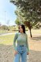 Women's Mint High Collar, Long Sleeve, Body Fitting, Stretch Fabric, Low Cut Detail, Knitwear Blouse - 5