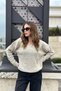 Women's Beige V-Neck, Lace Detailed Long Sleeve Soft Textured Knitwear Sweater - 3