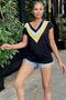 Women's Black V-Neck, Short Sleeve, Color Block Detail, Anti-Sweat Textured Fabric, Loose Blouse, Tshirt - 2