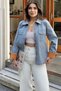 Women's Blue Back Flower Embroidery Embroidered, Contrast Color Fold, Long Sleeve, Denim Jeans Jacket