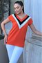 Women's Tile V-Neck, Short Sleeve, Color Block Detailed Loose Airobin Blouse