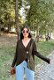 Women's Khaki Asymmetric Cut Buttoned Loose Cardigan Blouse - 2