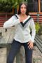 Women's Ecru Long Sleeve V-Neck Color Block Cotton Blouse Sweatshirt - 2