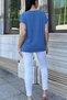 Women's Indigo V-Neck, Short Sleeve, Color Block Detailed Loose Airobin Blouse - 6