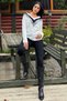 Women's Ecru Long Sleeve V-Neck Color Block Cotton Blouse Sweatshirt - 7
