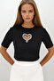 Women's Black Crew Neck Stone Embroidered K Ribbed Knit Blouse Prmx14177