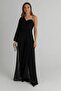 Women's Belt Detailed Chest Padding Draped Wide Leg Chiffon Lined Single Sleeve Black Jumpsuit 1336 - 5