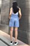 Women's Blue Belted High-Waisted, Imported Fabric, Long, Comfortable Pleated Shorts - 5