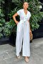 Women's White Linen/Airobin Fabric, Relaxed Fit, Pockets, Half Placket, Belted/Belted Jumpsuit - 5