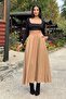Camel Elastic High Waist, A-Line, Flowy and Loose, Long Kupra Skirt
