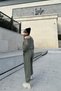 Women's Khaki Wide Collar, Lace-up Waist, Elastic Legs Long Sleeve Loose Jumpsuit - 3