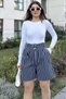 Women's Navy Belted, High Waist, Pleated, Relaxed Fit, Gabardine Shorts - 2