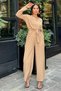 Women's Beige Straw Double Breasted Collar Detailed Belted Pocketed Airobin Jumpsuit Elastic Waist Jumpsuit - 4