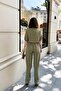 Khaki Apach Collar, Short Sleeve, Linen/Airobin Fabric, Relaxed Fit, Half Placket, Gathered Waist Jumpsuit - 8