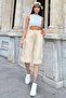 Women's Beige Elastic Waist Buttoned Side Self Textured Pocket Bermuda Shorts